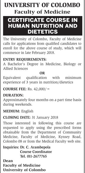 Certificate Course in Human Nutrition & Dietetics - Faculty of Medicine - University of Colombo 